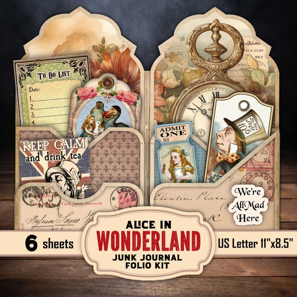 Alice in Wonderland Folio Kit, Whimsical  Loaded Folder, Easy DIY Junk Journal Digital Printable Cards, Journaling Ephemera Hanging Tags