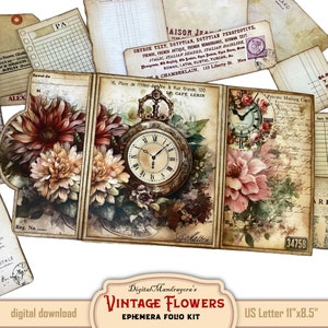 May include: Vintage ephemera folio kit with a floral design, a pocket watch, and text that reads "Digital Mandragora's Vintage Flowers Ephemera Folio Kit". The kit is sized for US Letter paper, 11 inches by 8.5 inches.