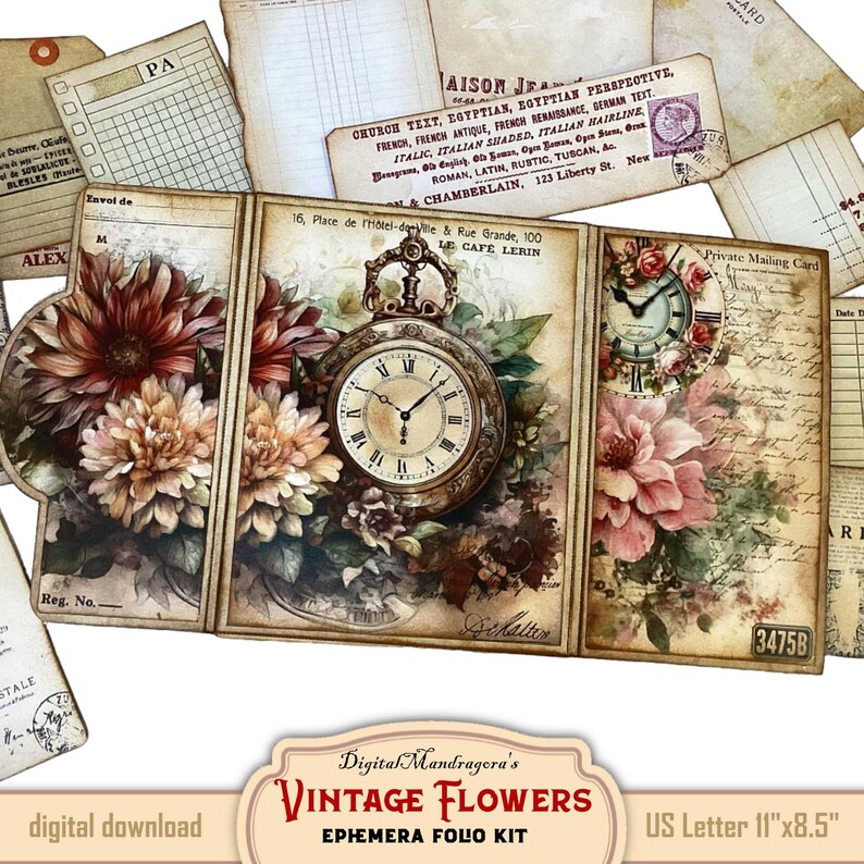 May include: Vintage ephemera folio kit with a floral design, a pocket watch, and text that reads "Digital Mandragora's Vintage Flowers Ephemera Folio Kit". The kit is sized for US Letter paper, 11 inches by 8.5 inches.