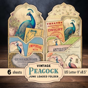 Vintage Peacock Folio Kit, Peafowl Ephemera Loaded Folder, Easy DIY Junk Journal Digital Printable Cards, Journaling Hanging Tags