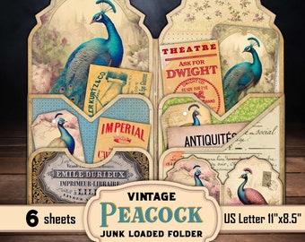 Vintage Peacock Folio Kit, Peafowl Ephemera Loaded Folder, Easy DIY Junk Journal Digital Printable Cards, Journaling Hanging Tags