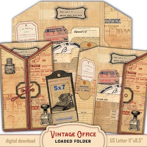 Vintage Ephemera Tri-fold  Loaded Folder Folio Kit, Easy DIY Junk Journal Digital Printable with Journal Pockets, Cards and Journal Tags
