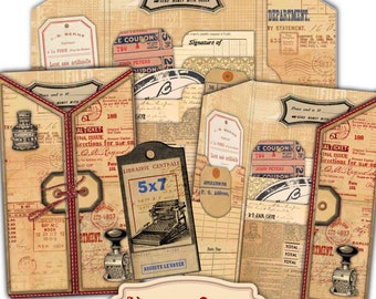 May include: Vintage office folder with a distressed paper design. The folder has multiple pockets and tabs, including a pocket with a typewriter and a pocket with a coupon. The folder is 11 inches by 8.5 inches.