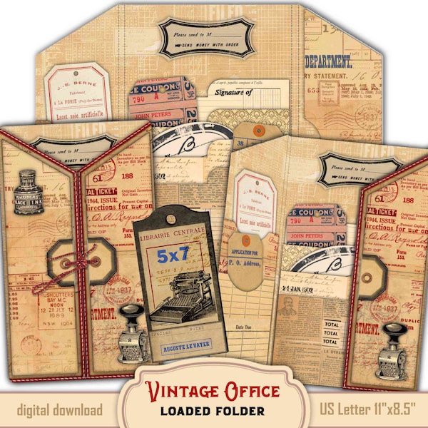 Vintage Ephemera Tri-fold  Loaded Folder Folio Kit, Easy DIY Junk Journal Digital Printable with Journal Pockets, Cards and Journal Tags