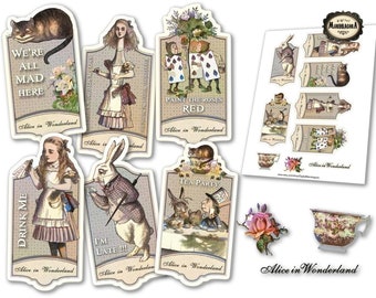 Alice in Wonderland PNG fussy cuts, Printable digital journaling stickers