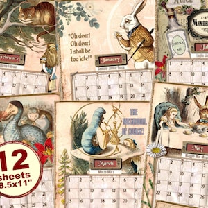 Alice in Wonderland perpetual Birthday calendar for children, anniversaries, special dates reminder 12 months Calendar, digital download