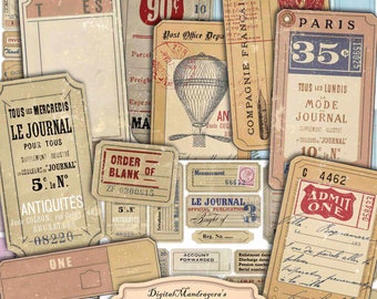 May include: Vintage style labels with a distressed, aged look. The labels feature various designs, including a hot air balloon, a newspaper, and a ticket. The labels are perfect for adding a vintage touch to your crafts and projects.
