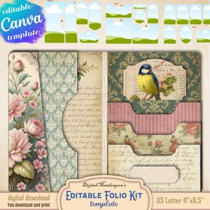 May include: An editable Canva template for a digital folio kit. The design features floral and vintage elements, including pink roses, a blue and yellow bird, and patterned paper. The kit is US Letter size, 27.9 cm x 21.6 cm.