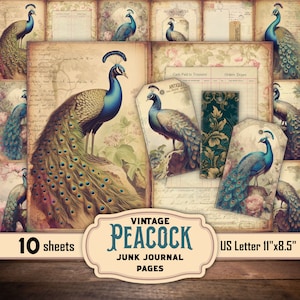 Vintage Peacock Junk Journal Digital Prints - Ephemera Collage - Foldable Pages & Antique Peafowl Prints for Journaling and Paper Crafts
