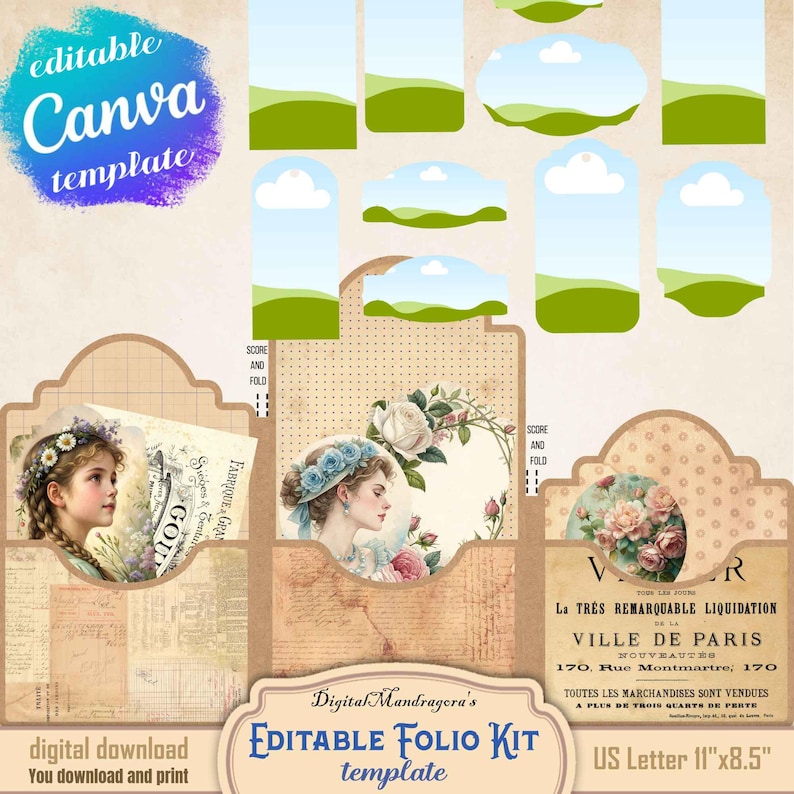 Junk journal folio kit Drag and drop CANVA template