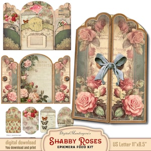 Shabby Roses Ephemera Holder, Easy DIY Junk Journal, Digital Printable Cards, For Rose Lovers, Botanical Journaling Ephemera Hanging Tags