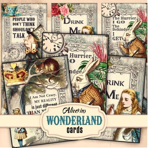 Alice In Wonderland printable junk journaling collage cards with famous Wonderland quotes and Tenniel's illustrations, digital download