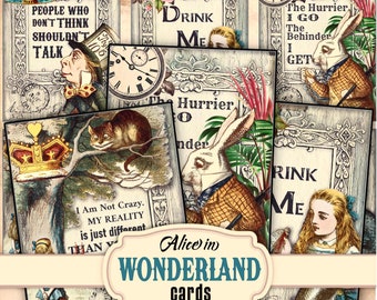 Alice in Wonderland ATC Printable Cards For Junk Journaling • Tenniel Quotes Collage Ephemera