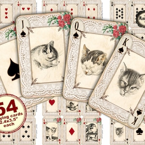 Full deck playing cards with cats, shabby cottage chic kitten printable card set, digital download