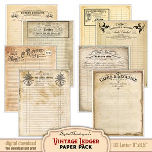 Digital Ledger Paper Vintage Invoice Pack for Junk Journaling & Scrapbooking, Grunge Worn Faded Style, Digital Download