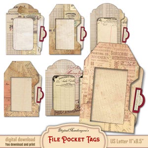 File Pocket Tags Kit Vintage druckbare Grungy Label Tags und Karteneinsätze mit Fenstern zum Ausschneiden für Junk Journaling Briefpapier Projekte