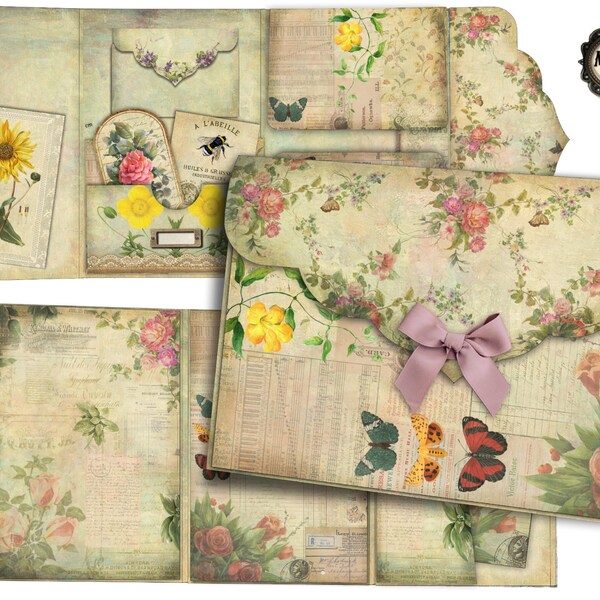 My secret garden, Floral folio, Junk Journal kit, Loaded folder, Junk folio kit, Ephemera folio, Pocket folder, Digital download