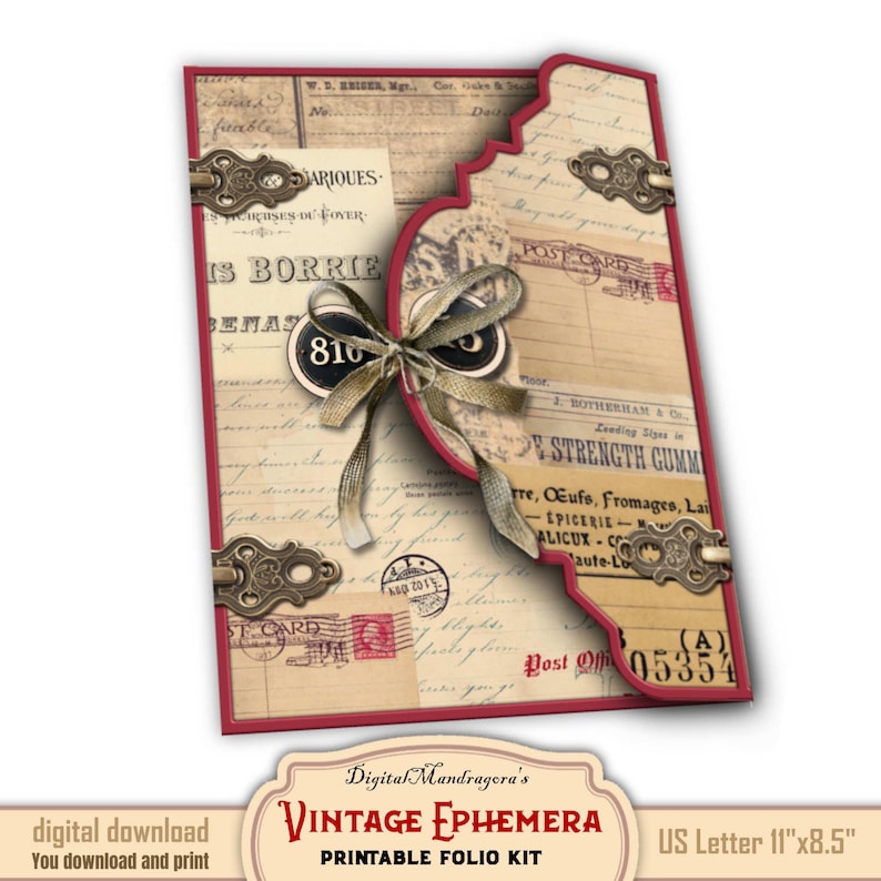 Vintage loaded folio ephemera kit for DIY paper crafts, digital download