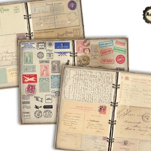 Old open book with vintage postcards and faux postage stamps, junk journal add-on, scrapbooking ephemera, digital download