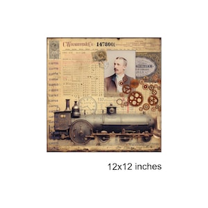 May include: A vintage-style collage featuring a steam locomotive, a man in a suit, and a collection of gears. The image has a brown, cream, and blue color scheme. The text "CWOLSIEFFER & CO. 1478001" is visible in the upper right corner. The image is 12 inches by 12 inches.