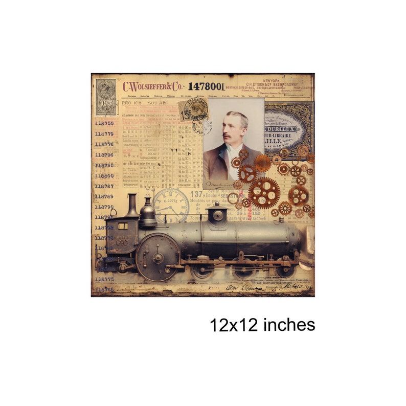 May include: A vintage-style collage featuring a steam locomotive, a man in a suit, and a collection of gears. The image has a brown, cream, and blue color scheme. The text "CWOLSIEFFER & CO. 1478001" is visible in the upper right corner. The image is 12 inches by 12 inches.