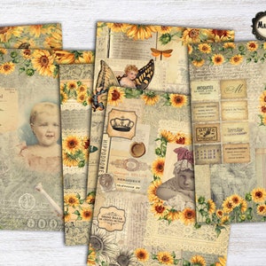Sunflowers ephemera collage printable paper pack, vintage cottage chic prints for junk journaling and decoupage, instant digital download