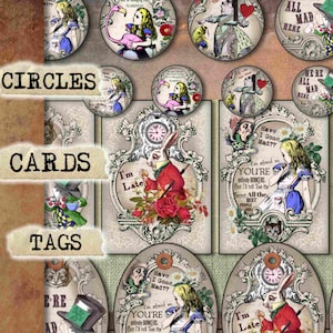 Alice in Wonderland cards, Alice in Wonderland tags, Wonderland circles for jewelry, cabochon, fridge magnet,  instant digital download