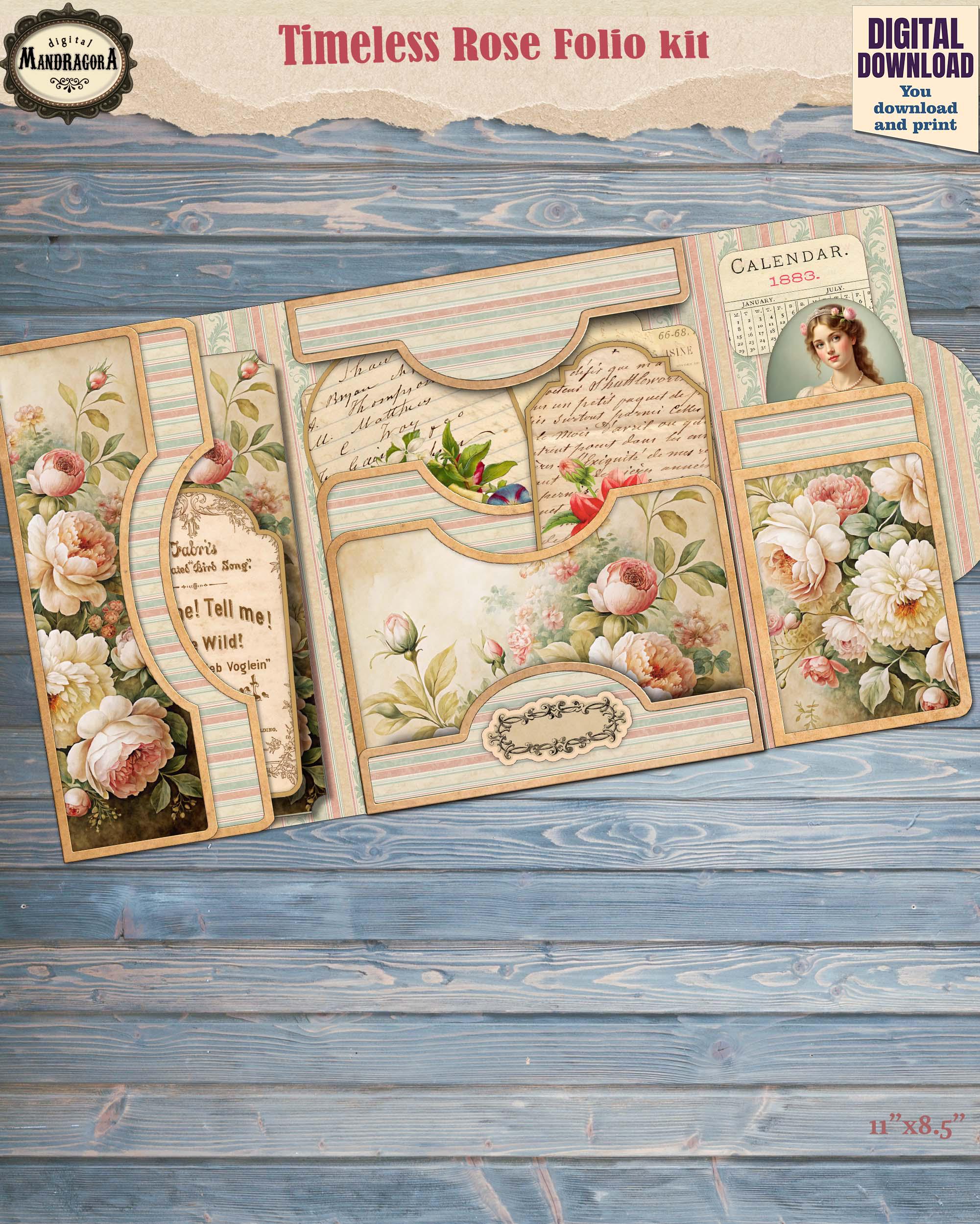 Vintage Floral Junk Journal Folio Kit – Shabby Romantic Roses Ephemera ...