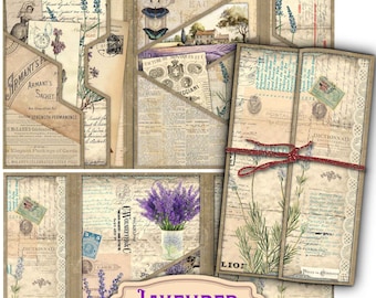 May include: A digital download kit for a junk journal folio with a lavender theme. The kit includes various vintage-style papers, ephemera, and images, including a bouquet of lavender, a vintage postcard, and a dictionary page. The kit is designed for use with a US Letter size journal, measuring 11 inches by 8.5 inches.