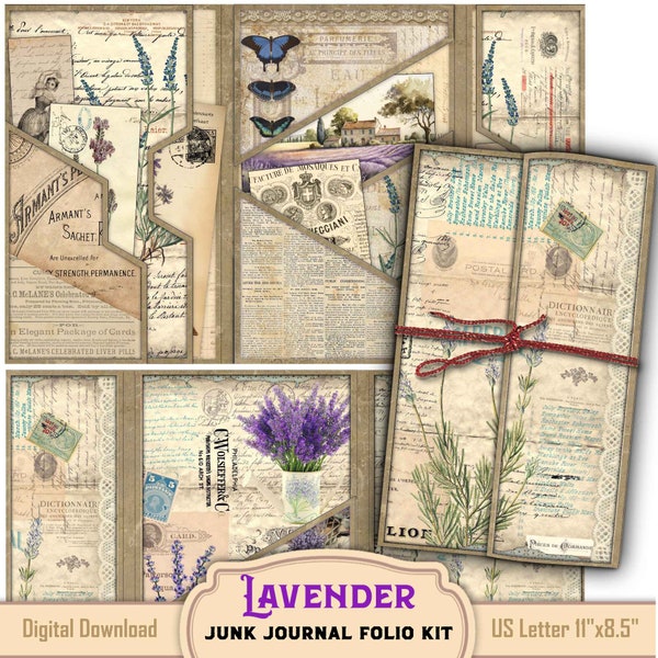Antique Lavender Digital Folio Kit File Folder Shabby printable junk paper, Cottagecore Botanical Ephemera, Vintage cards, Beginner easy kit