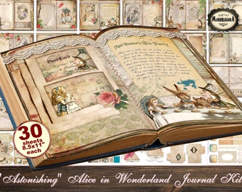 Astonishing Alice in Wonderland junk journal kit, printable journal pages, Wonderland prints, instant digital download