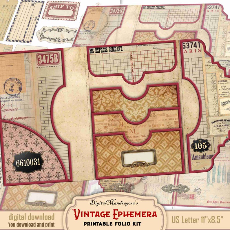Vintage loaded folio ephemera kit for DIY paper crafts, digital download