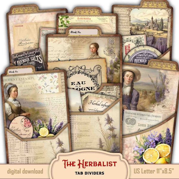 The Herbalist Tab Divider Set - Grunge Printable Floral Journal Pockets - Old Antique Ephemera - Digital Junk Journal Add-On Set