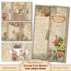 Digital folio kit file folder journal printable junk shabby antique paper, cottagecore flea market ephemera, vintage flashcards, easy kit
