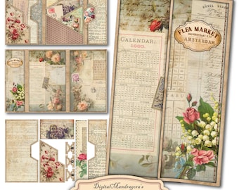 Digital folio kit file folder journal printable junk shabby antique paper, cottagecore flea market ephemera, vintage flashcards, easy kit