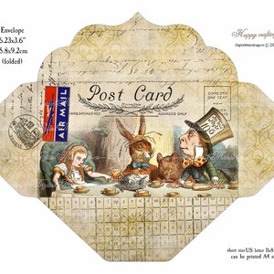 May include: A printable envelope featuring an illustration of Alice in Wonderland characters having tea. The envelope is designed to look like a vintage postcard with the text "Post Card" and "AIR MAIL" printed on it. The envelope measures 6.23 inches by 3.6 inches and can be printed on US letter or A4 size paper.
