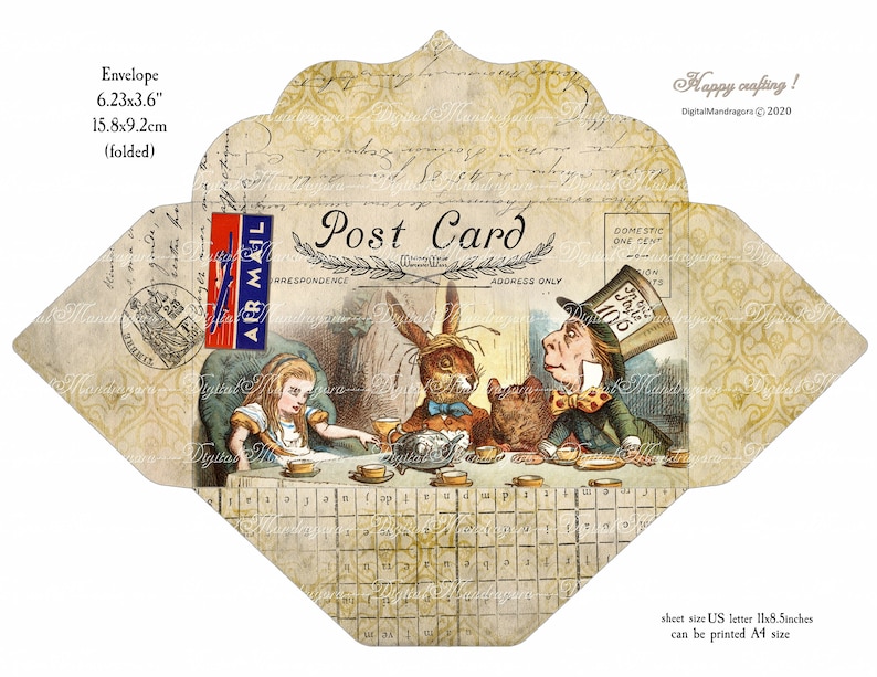 May include: A printable envelope featuring an illustration of Alice in Wonderland characters having tea. The envelope is designed to look like a vintage postcard with the text "Post Card" and "AIR MAIL" printed on it. The envelope measures 6.23 inches by 3.6 inches and can be printed on US letter or A4 size paper.