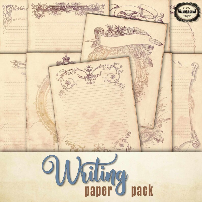 May include: A set of eight printable vintage-style writing paper pages with ornate borders and lined paper. The pages are in shades of brown and cream with a distressed look. The text "Writing paper pack" is at the bottom of the image.