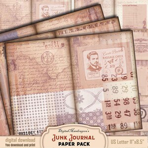 Puede incluir: Una colección de hojas de papel de estilo vintage con texturas envejecidas, sellos y escritura a mano. Los papeles presentan un collage de diseños, incluyendo un control de equipaje y un retrato. El texto "Junk Journal Paper Pack" es visible.