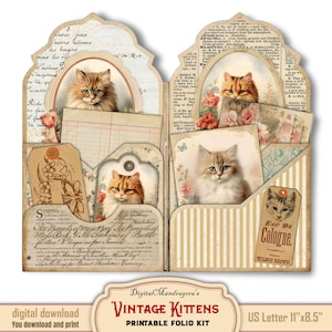 Vintage Cats Folio Kit, Easy DIY Junk Journal Digital Printable Cards, For Cat Lovers, Journaling Ephemera Hanging Tags, Cottagecore Prints