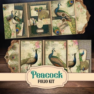 Vintage peacock tri-fold folio kit, Junk Journal kit, Peafowl Loaded folder, Junk folio kit, Ephemera folio, Pocket folder, Digital download
