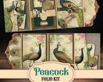May include: A peacock folio kit with a vintage aesthetic. The kit features images of peacocks, flowers, and ornate patterns. The kit includes a variety of papers, embellishments, and other supplies for crafting.