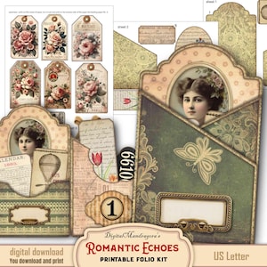 Romantic Folio Junk Journal Kit, Ephemera Holder, Digital Vintage Prints,  Paper Crafts Printables, Journal add-ons