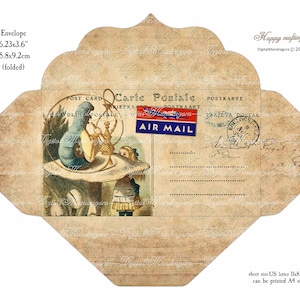 May include: A vintage-style envelope with a whimsical Alice in Wonderland illustration. The envelope is decorated with a postage stamp that says "Air Mail" and has a brown, aged paper texture. The envelope is 6.23 inches by 3.6 inches and can be printed on A4 size paper.