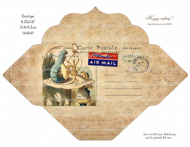 May include: A vintage-style envelope with a whimsical Alice in Wonderland illustration. The envelope is decorated with a postage stamp that says "Air Mail" and has a brown, aged paper texture. The envelope is 6.23 inches by 3.6 inches and can be printed on A4 size paper.