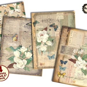 Magnolia and butterflies digital grunge decorative paper pack for junk journaling and scrapbooking