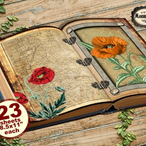 Book Of Poppies botanical journal kit, poppies journal pages,  junk journal paper, instant digital download
