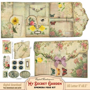 My secret garden, Floral folio, Junk Journal kit, Loaded folder, Junk folio kit, Ephemera folio, Pocket folder, Digital download
