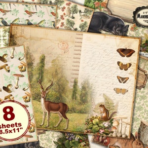 Woodland paper pack, vintage woodland backgrounds, woodland decor, scrapbooking, card making, woodland animals, digital download