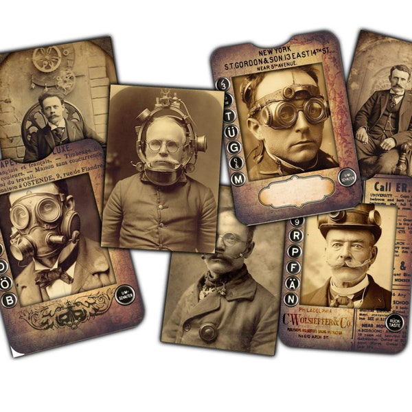 Steampunk  Printable Slides Frames with Old Grunge Photos of Victorian Scientists for Junk Journaling and Scrapbooking - Digital Download